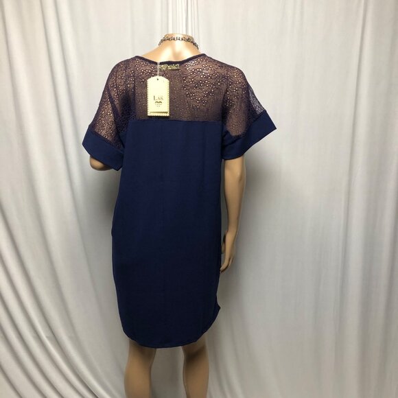 Laklook Dress Womens Size Large Navy Blue Sheer Lace Shoulder Shift NEW - Picture 3 of 7